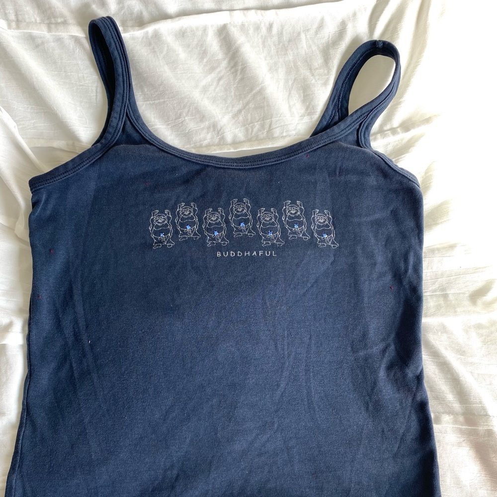 super “buddahful” tank top with blue gems.